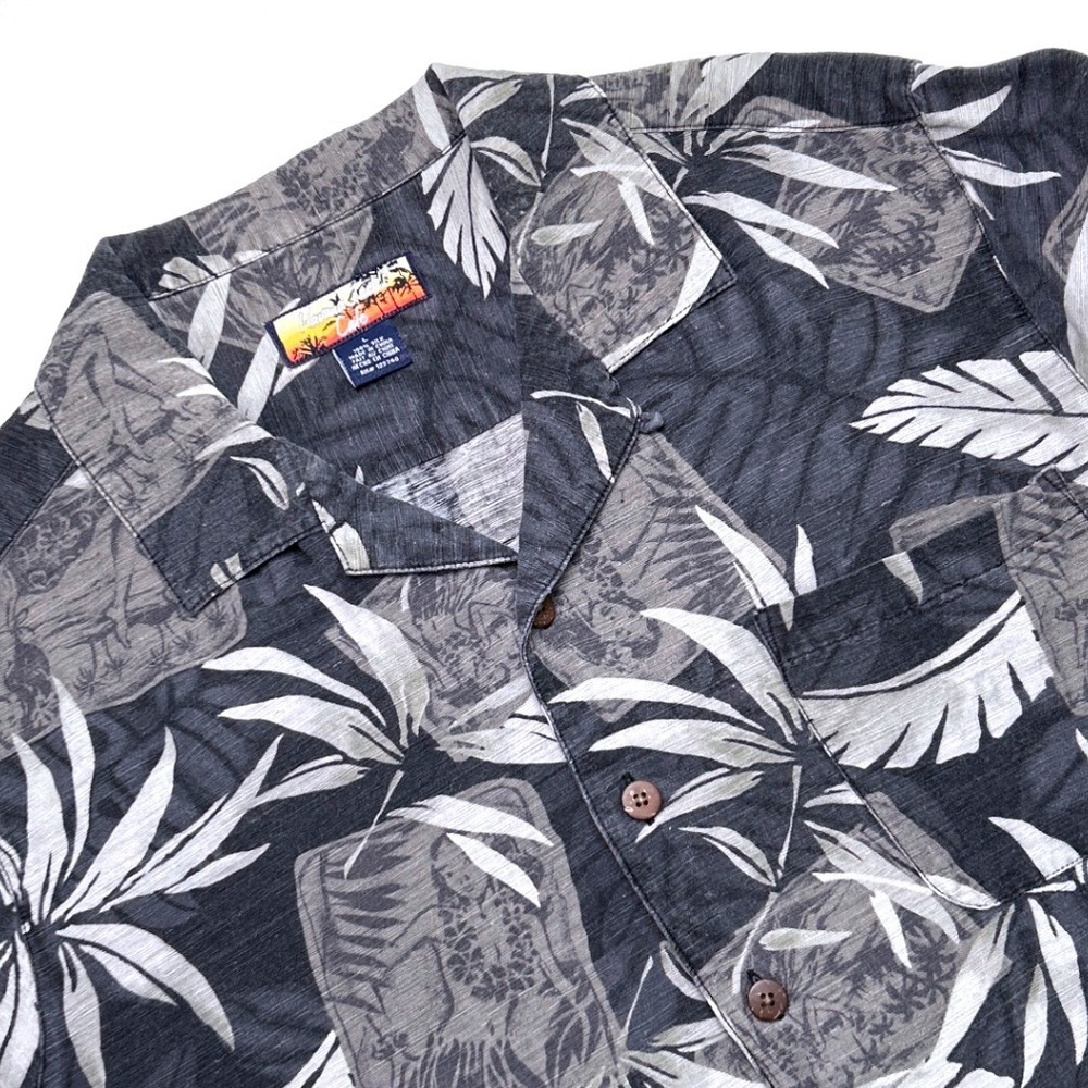 Havana Jack's Cafe Mens Silk Hula Print Aloha Shirt Size L Black Gray Resortwear